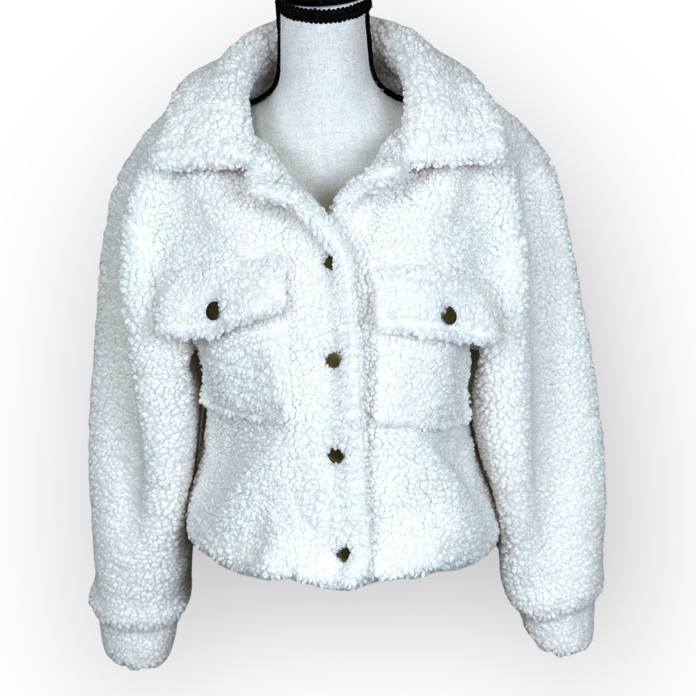 SAGE THE LABEL White Sherpa Fleece Cropped Trucker Button Teddy Jacket XS
